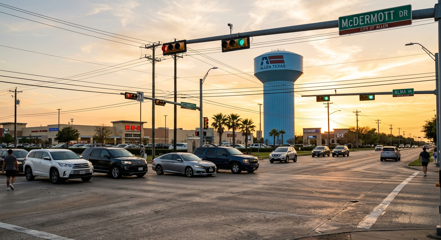 Car driving on a sunny Texas highway through a suburban area near Allen with clear blue skies overhead