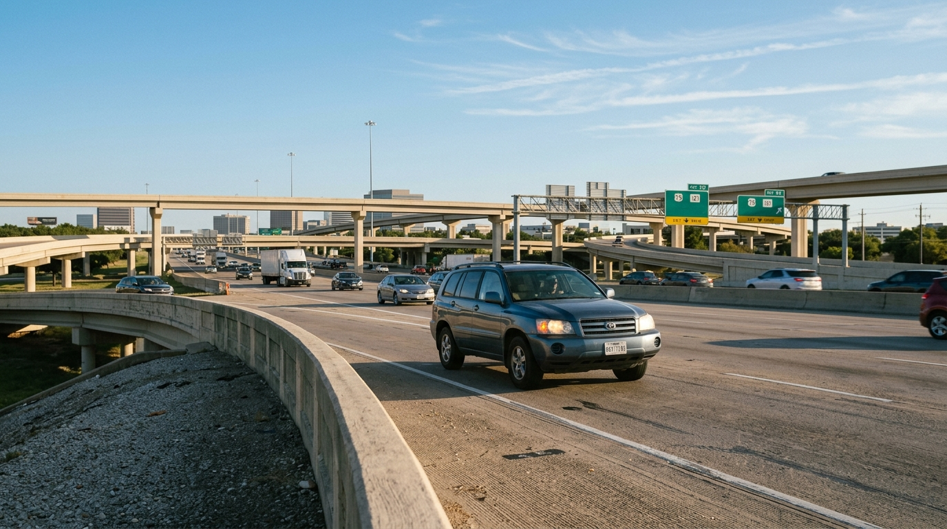 Aerial view of busy North Texas highway interchange at rush hour with commercial and residential development visible in the