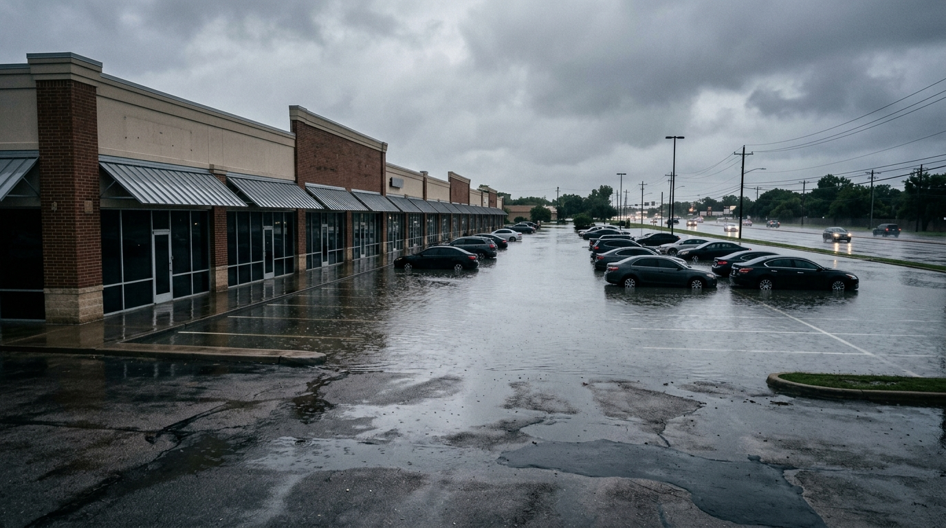 Commercial building exterior near a flooded street in the Dallas-Fort Worth area during heavy rain