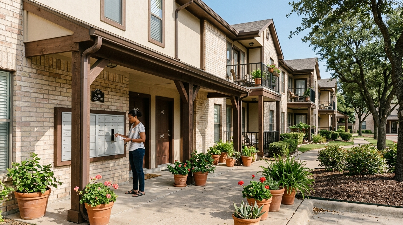 Modern condo balcony overlooking a Plano Texas neighborhood on a sunny afternoon