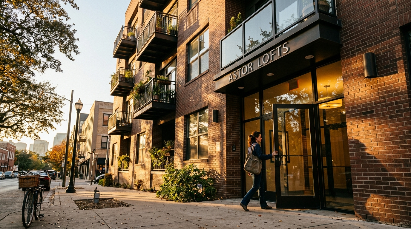 Modern condo building exterior in a suburban Texas neighborhood on a sunny day