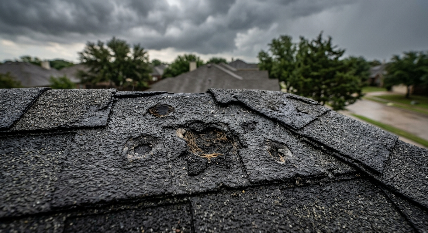 Large hailstones covering a residential roof in a North Texas suburb after a severe spring thunderstorm