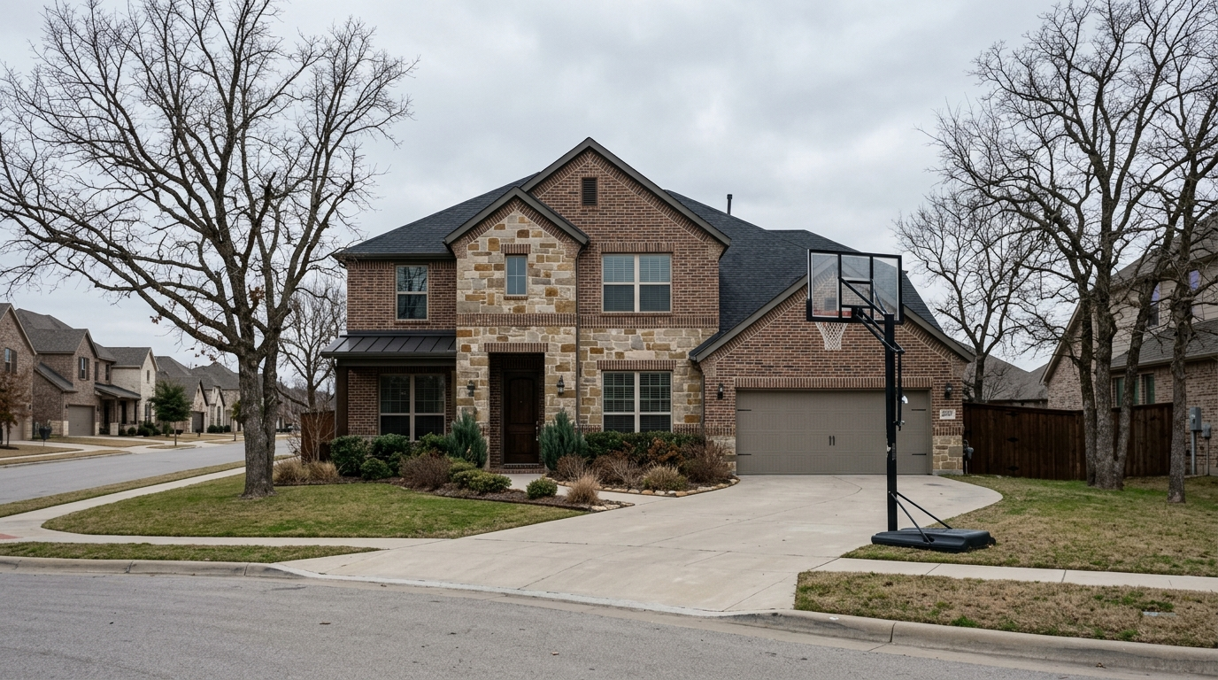 Brick single-family home on a quiet Denton Texas street with a clear blue sky and manicured lawn