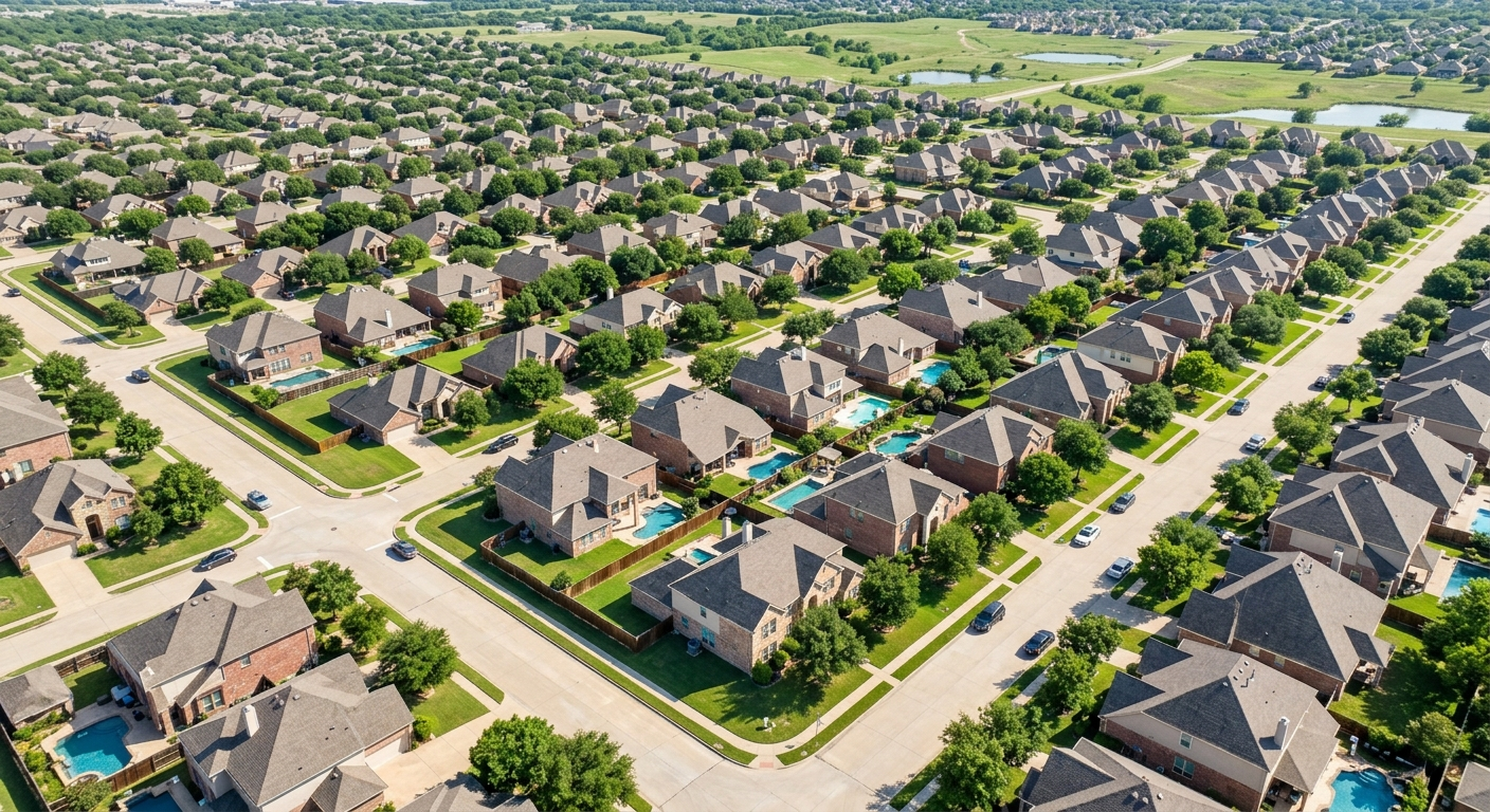 Suburban home in Grand Prairie Texas under a stormy North Texas sky with dark clouds forming overhead