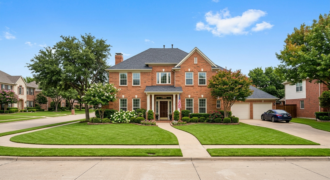 A brick ranch-style home in a suburban Irving, Texas neighborhood on a clear afternoon