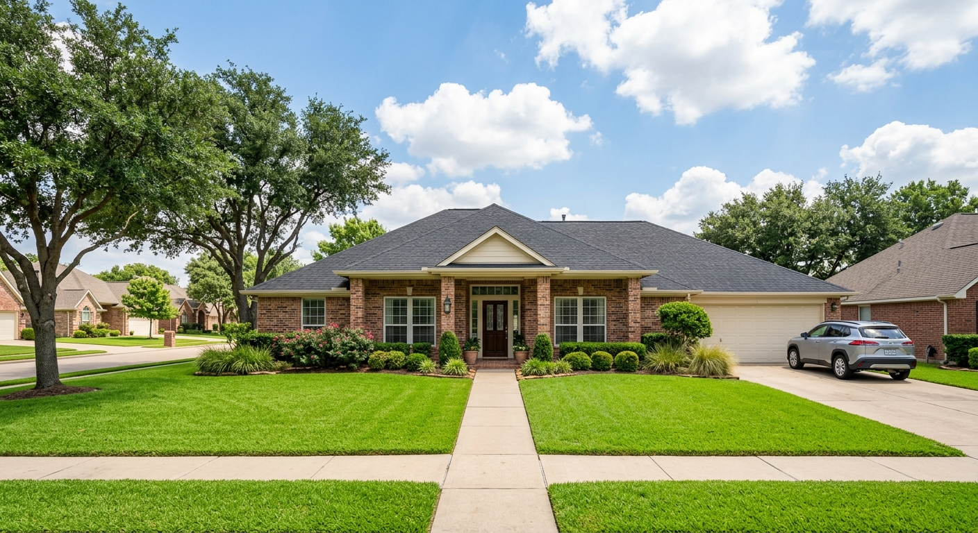 Suburban brick home in Red Oak Texas on a sunny day with a neatly kept front yard and clear blue sky