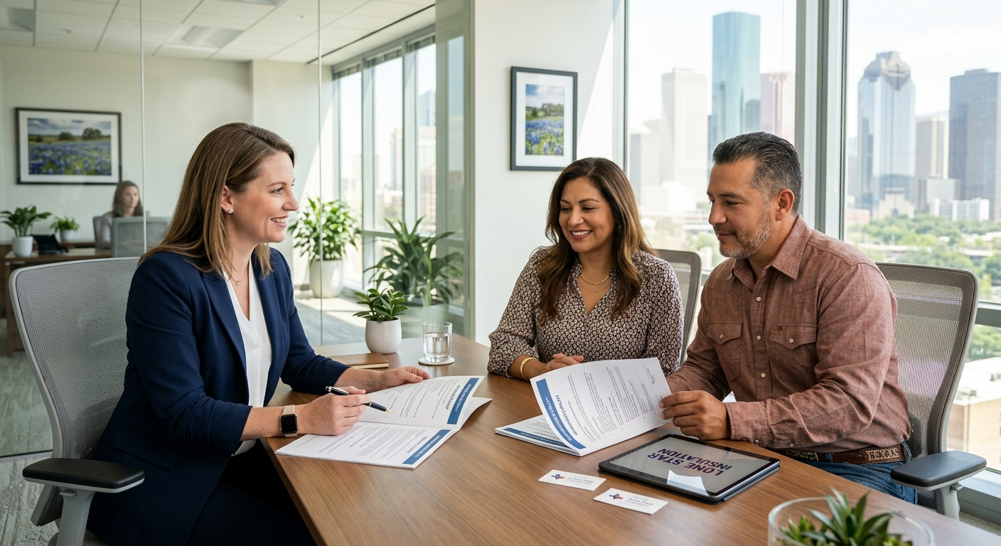 Independent insurance agent sitting across a desk from a small business owner reviewing multiple carrier quote sheets in a