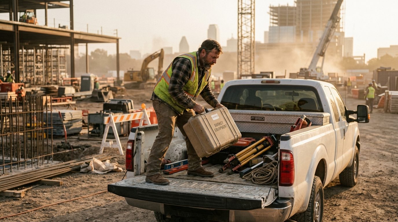Contractor unloading tools and equipment from a trailer at a Texas construction job site on a sunny day