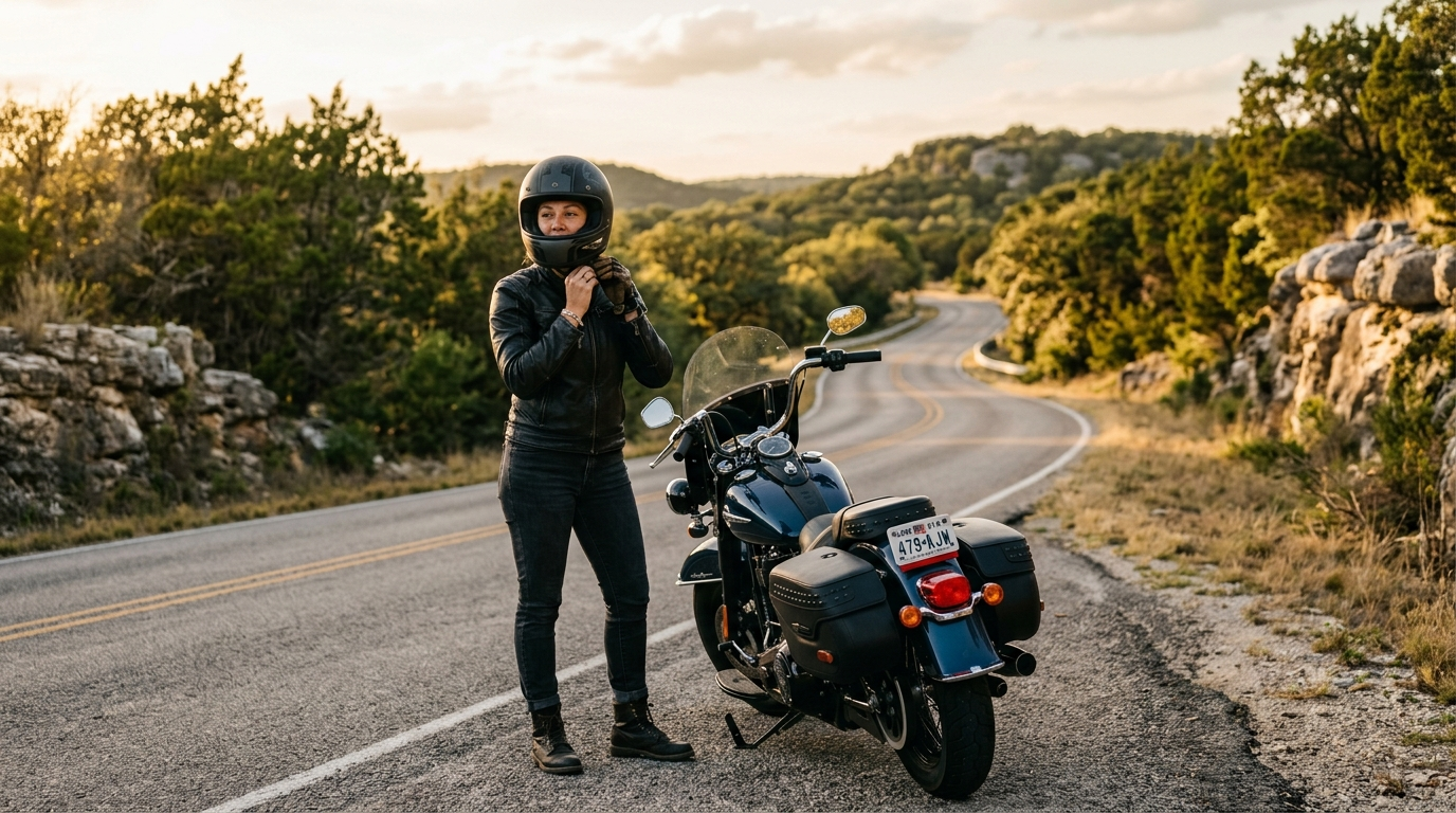 Motorcycle parked on a Texas highway with open road and blue sky in the background