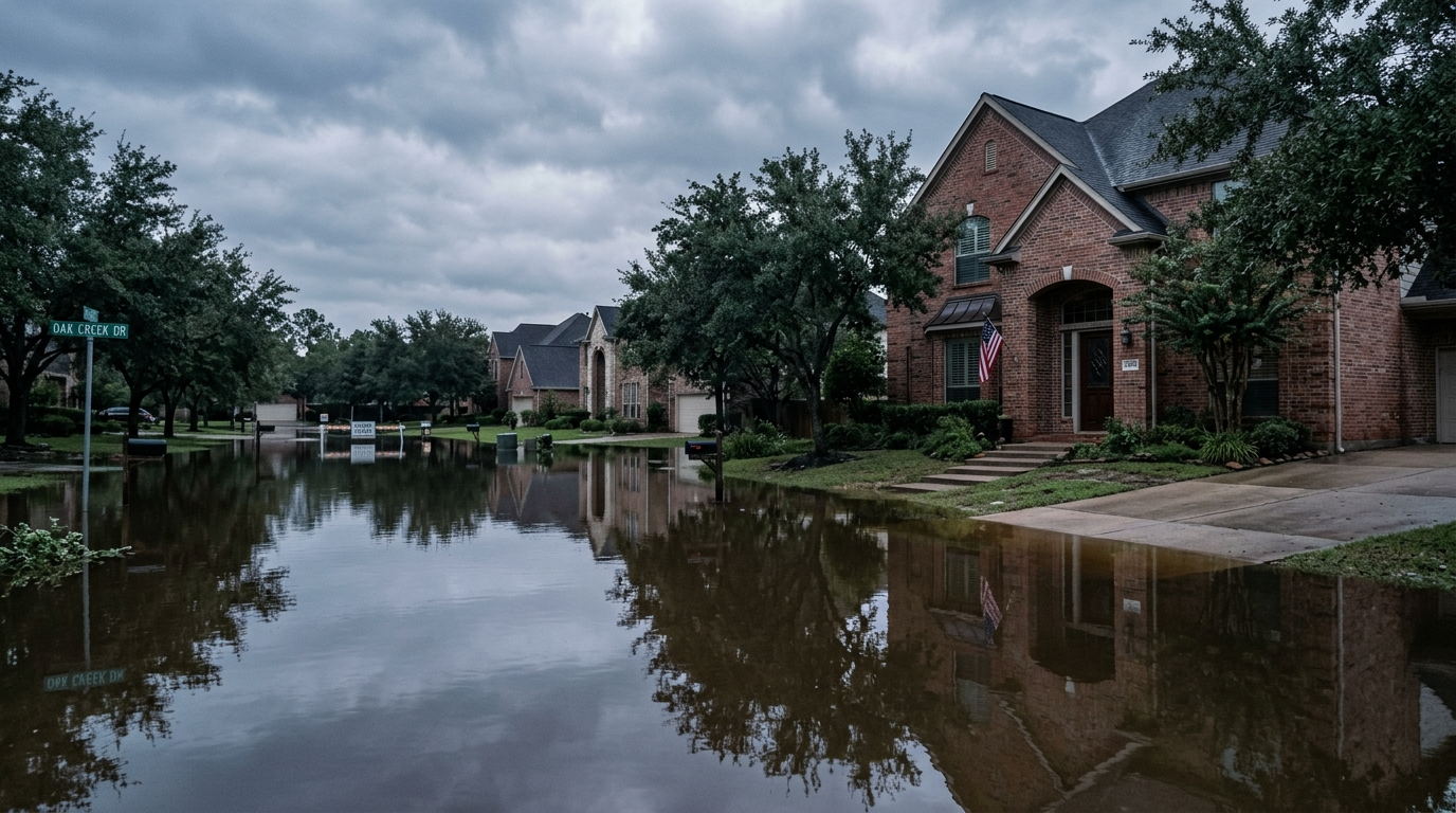 Flooded residential street in a DFW suburb with water surrounding single-family homes after heavy rainfall