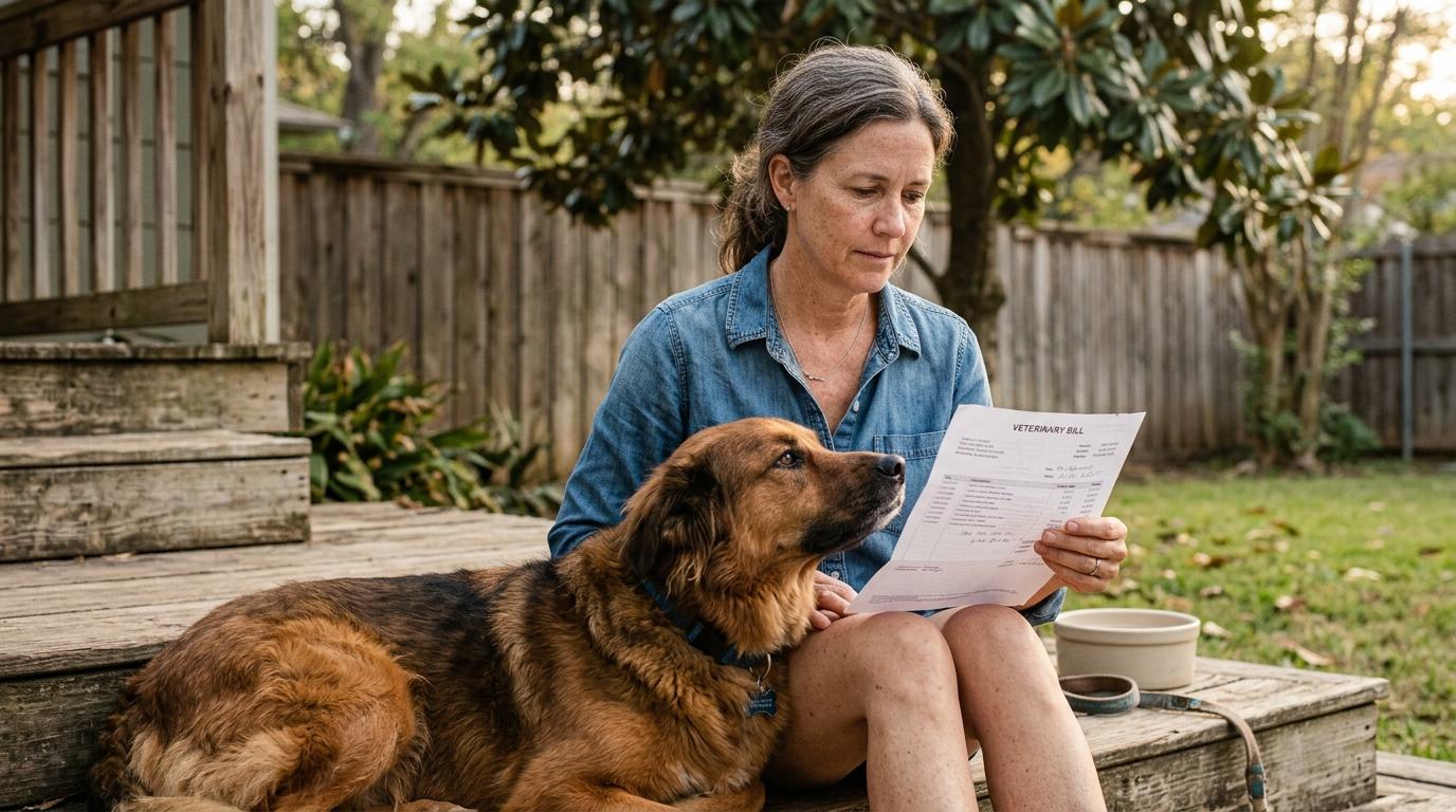 A golden retriever dog sitting on a porch in a Texas suburban backyard on a sunny afternoon