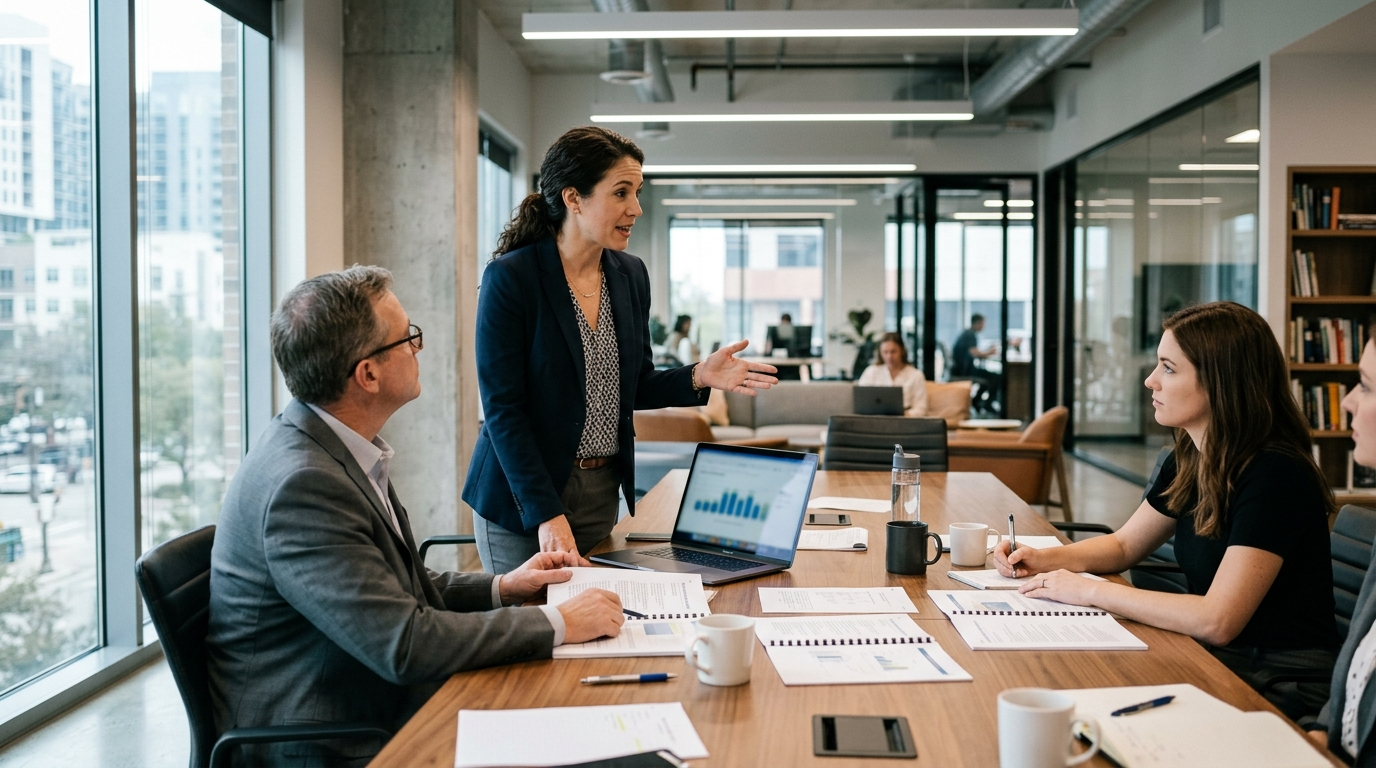 Small business owner reviewing a professional services contract at a desk in a modern Dallas office