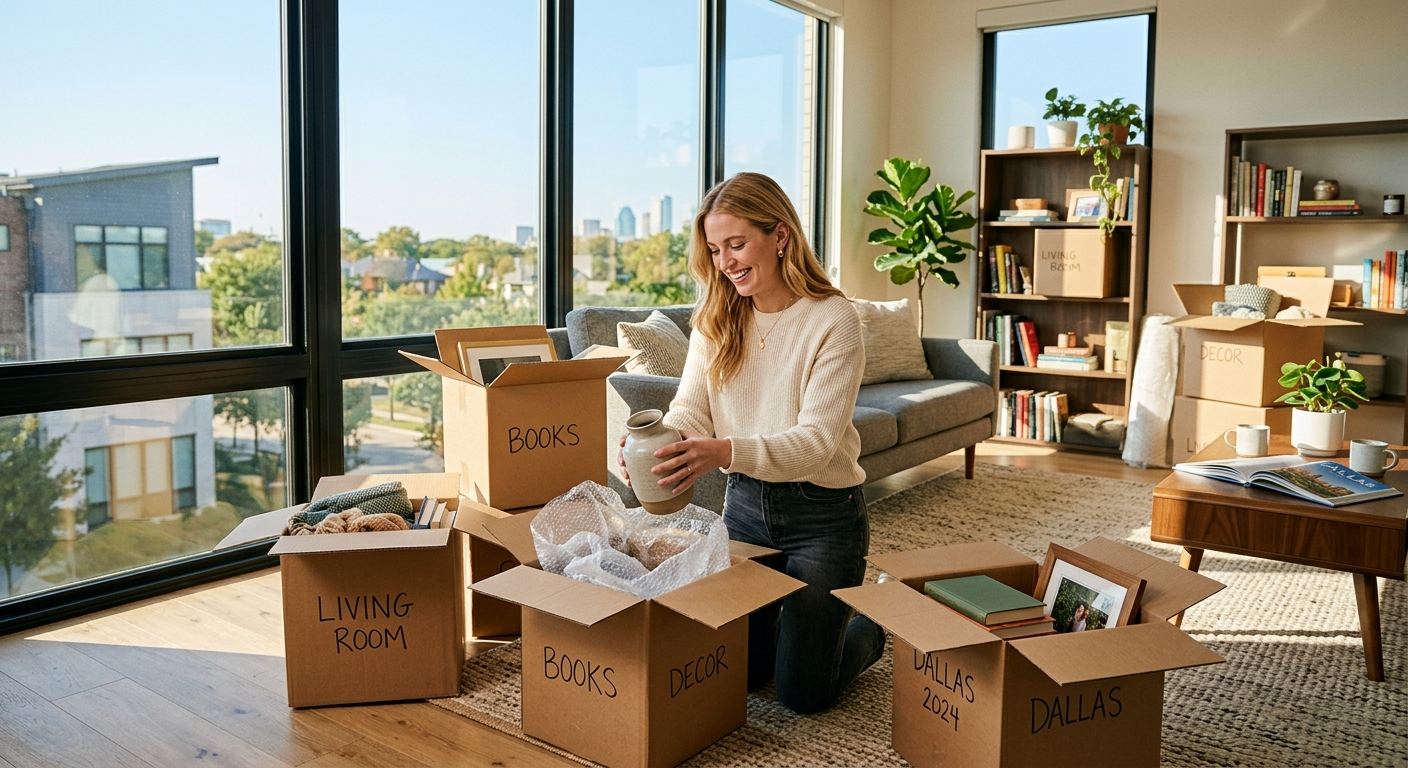 Young woman reviewing renters insurance documents at a desk in a modern Farmers Branch apartment