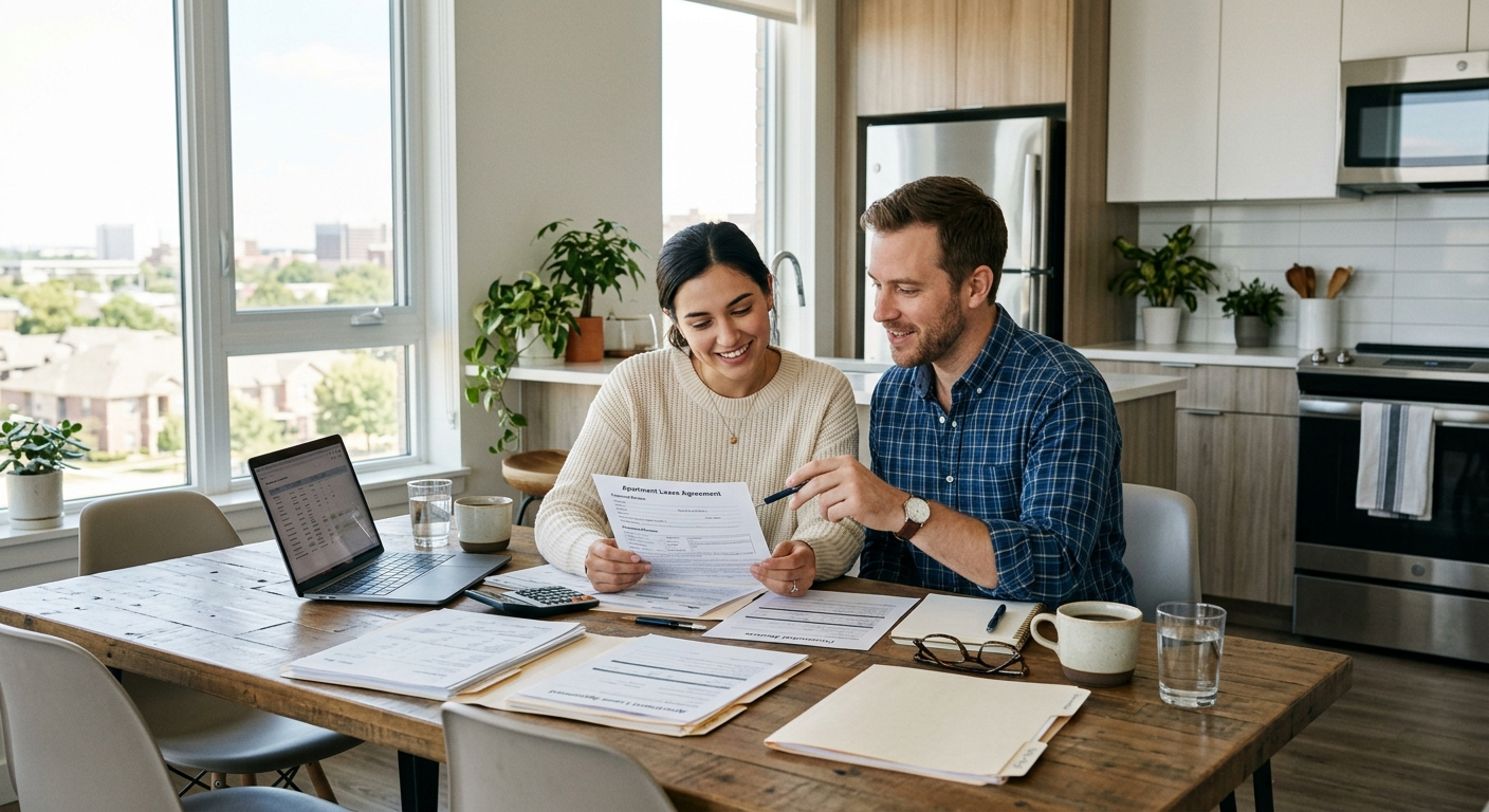 Young woman reviewing renters insurance documents at a kitchen table in a Grand Prairie apartment