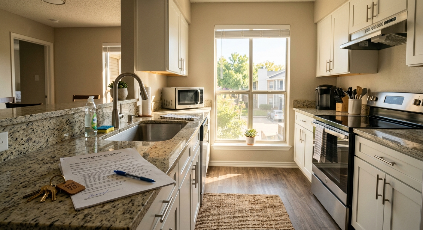 Young renter reviewing insurance documents at a desk in a modern Irving Texas apartment