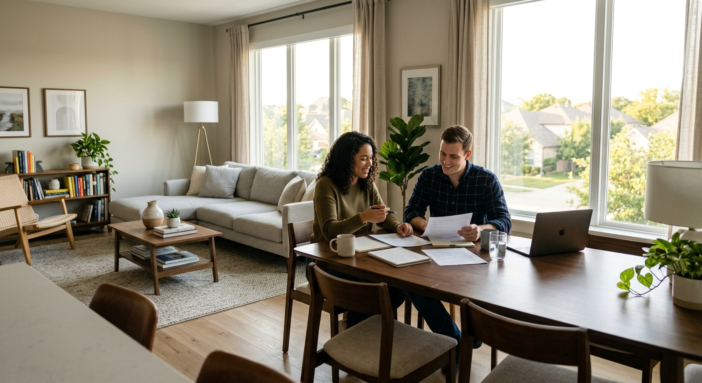 Young woman sitting on a couch in a modern McKinney Texas apartment reviewing insurance documents on a laptop