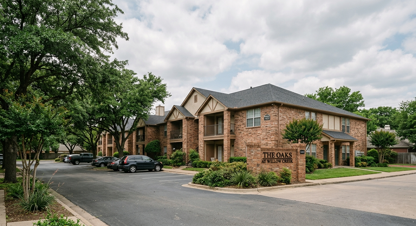 Aerial view of a Mesquite TX apartment complex neighborhood on a partly cloudy afternoon