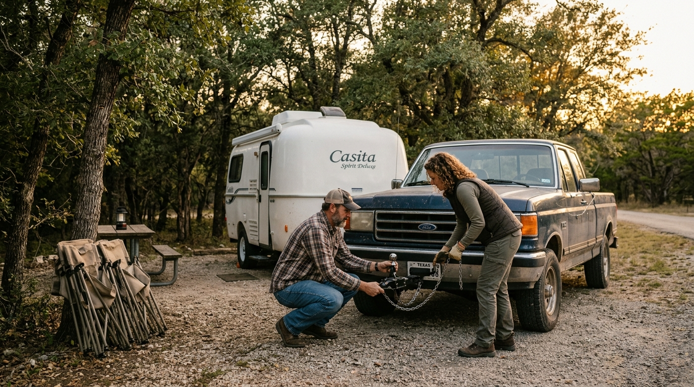 A large Class A motorhome parked at a Texas campsite near rolling hills under a partly cloudy sky