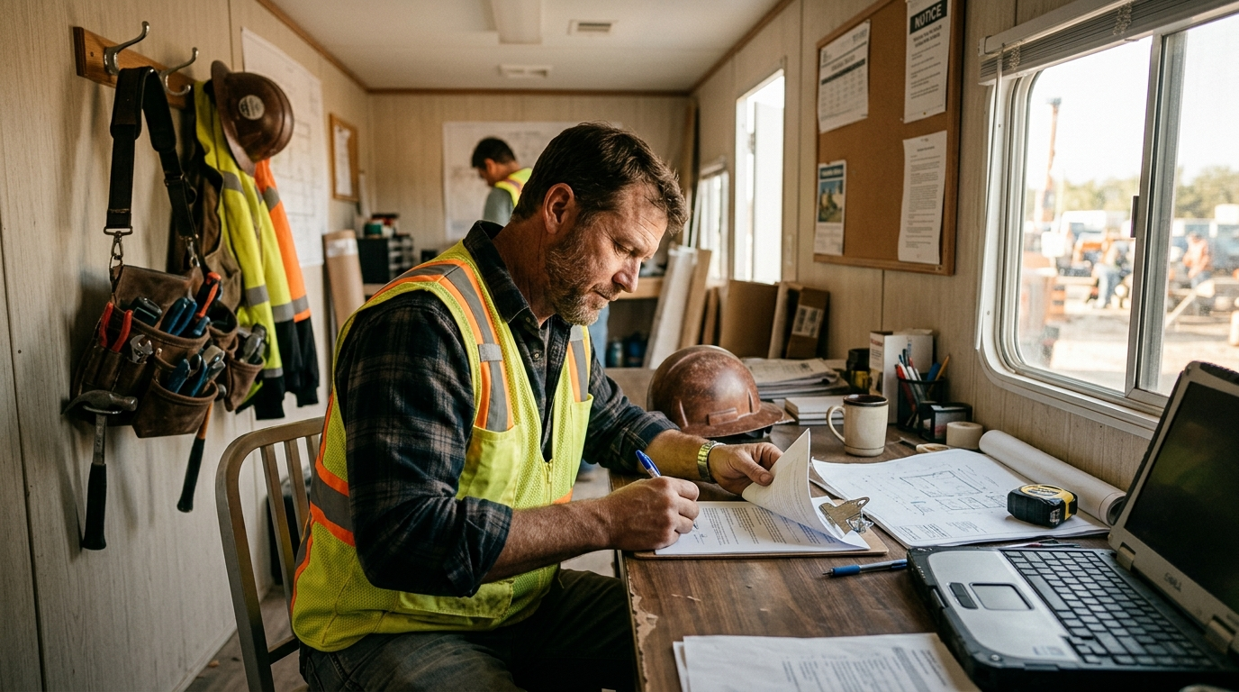 Texas contractor reviewing surety bond paperwork at a job site trailer desk with blueprints and hard hat nearby