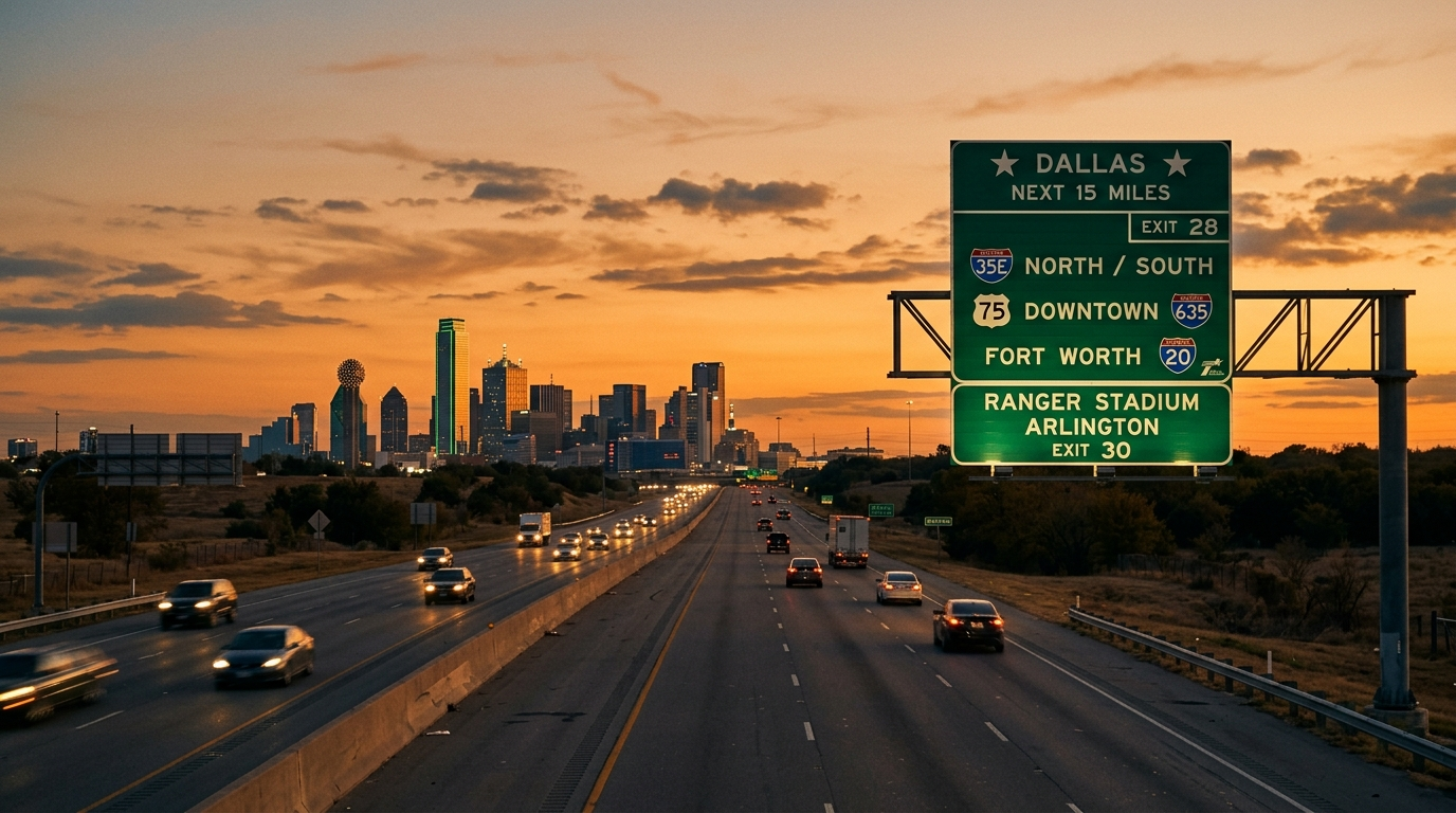 DFW highway traffic at dusk with cars merging on a busy North Texas interstate interchange
