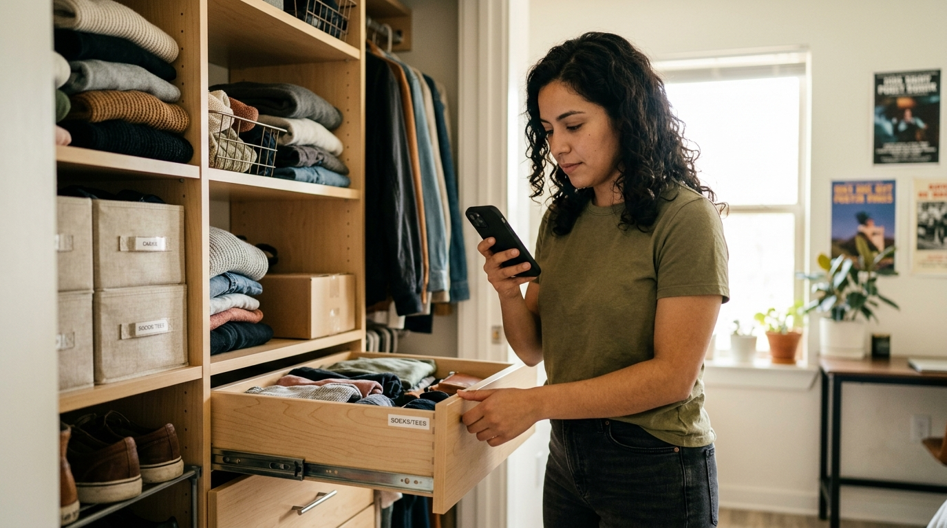 Young woman sitting on apartment floor surrounded by moving boxes, reviewing insurance documents on a laptop