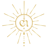 Gold monogram in a sunburst with hanging beads on a white background