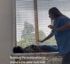 Person kneeling by a window, reaching toward a small dark dog on a bed.