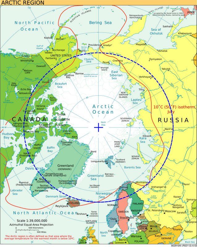 Eine Karte der Arktisregion mit Kanada und Russland