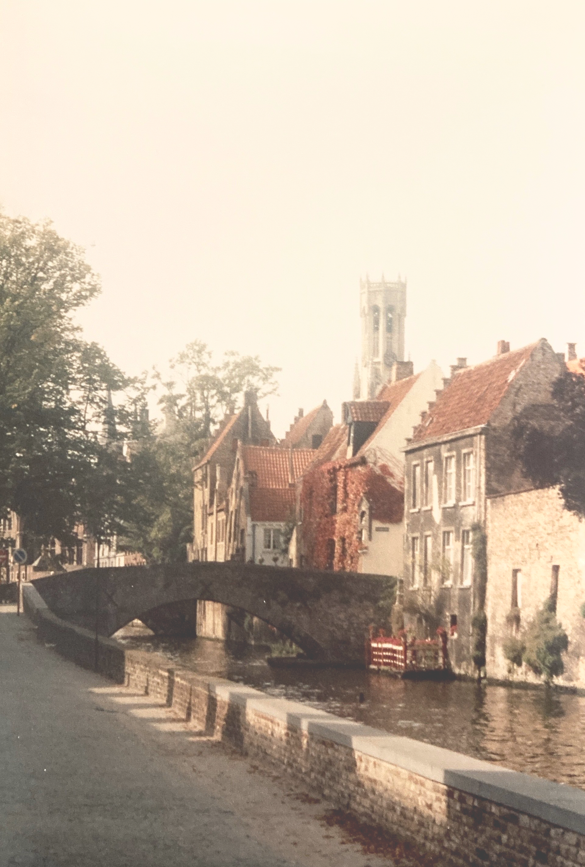 Eine Brücke über einen Fluss, umgeben von Gebäuden und Bäumen