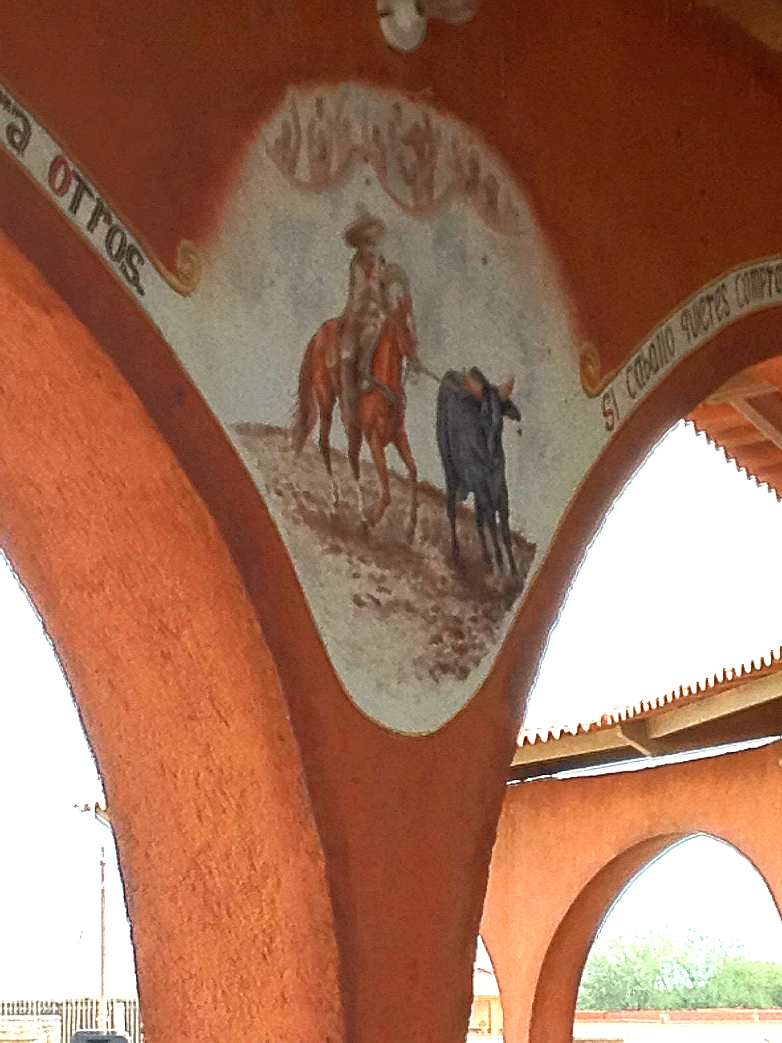 Ein Gemälde von einem Mann auf einem Pferd, der eine Kuh zieht, mit den Worten 