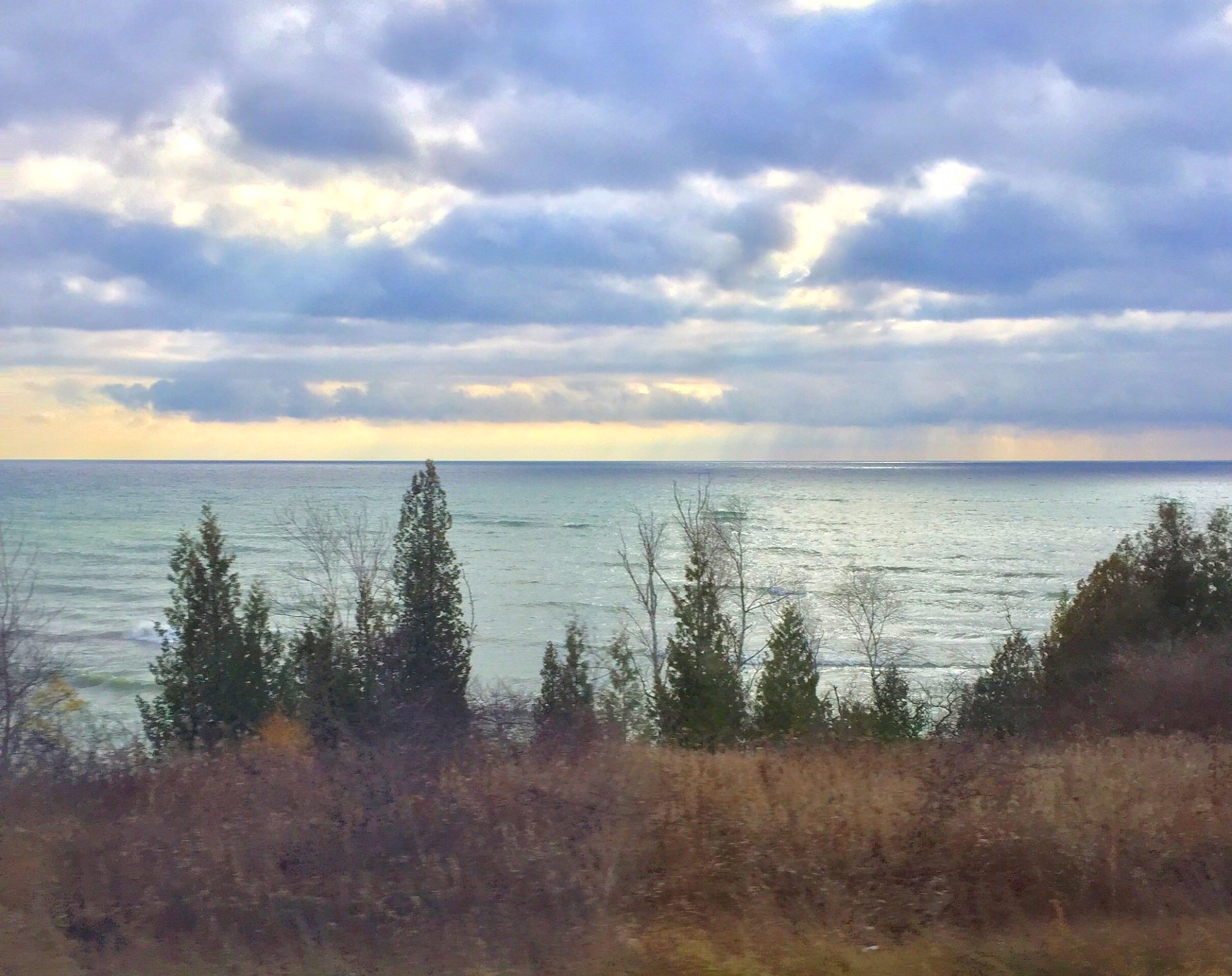 Eine große Wassermasse mit Bäumen im Vordergrund und einem bewölkten Himmel im Hintergrund.