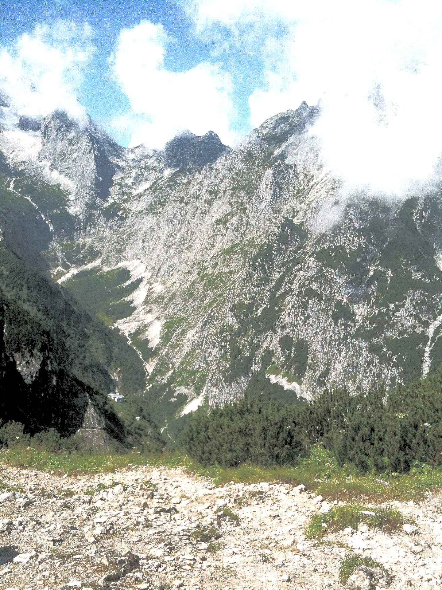 Ein mit Bäumen und Felsen bedeckter Berg mit einem blauen Himmel im Hintergrund