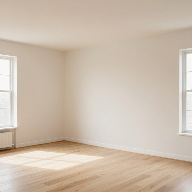 Empty sunlit room with light wood floors, white walls, and two tall windows