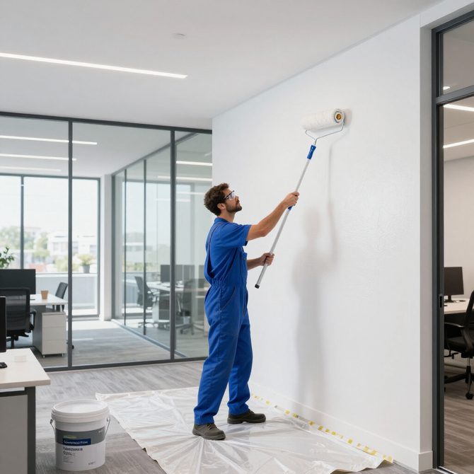 Worker in blue overalls painting a white office wall with a roller on a pole