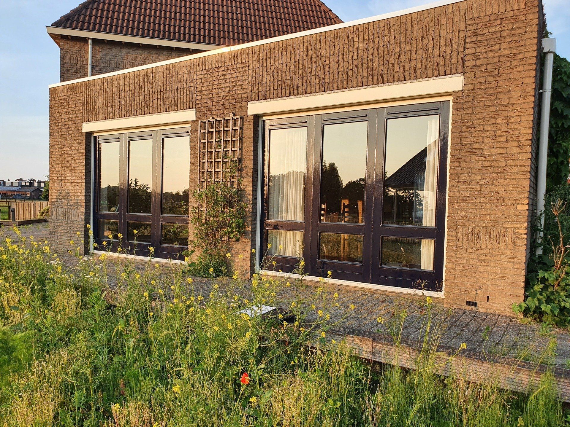 Moderne bakstenen woning met grote glazen ramen en wilde bloemen ervoor bij zonsondergang.