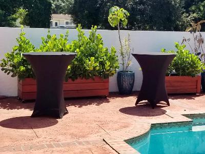 Various tables and settings. Round, Rectangular, Hi Top Cocktail, Serpentine 2 Tier Bar