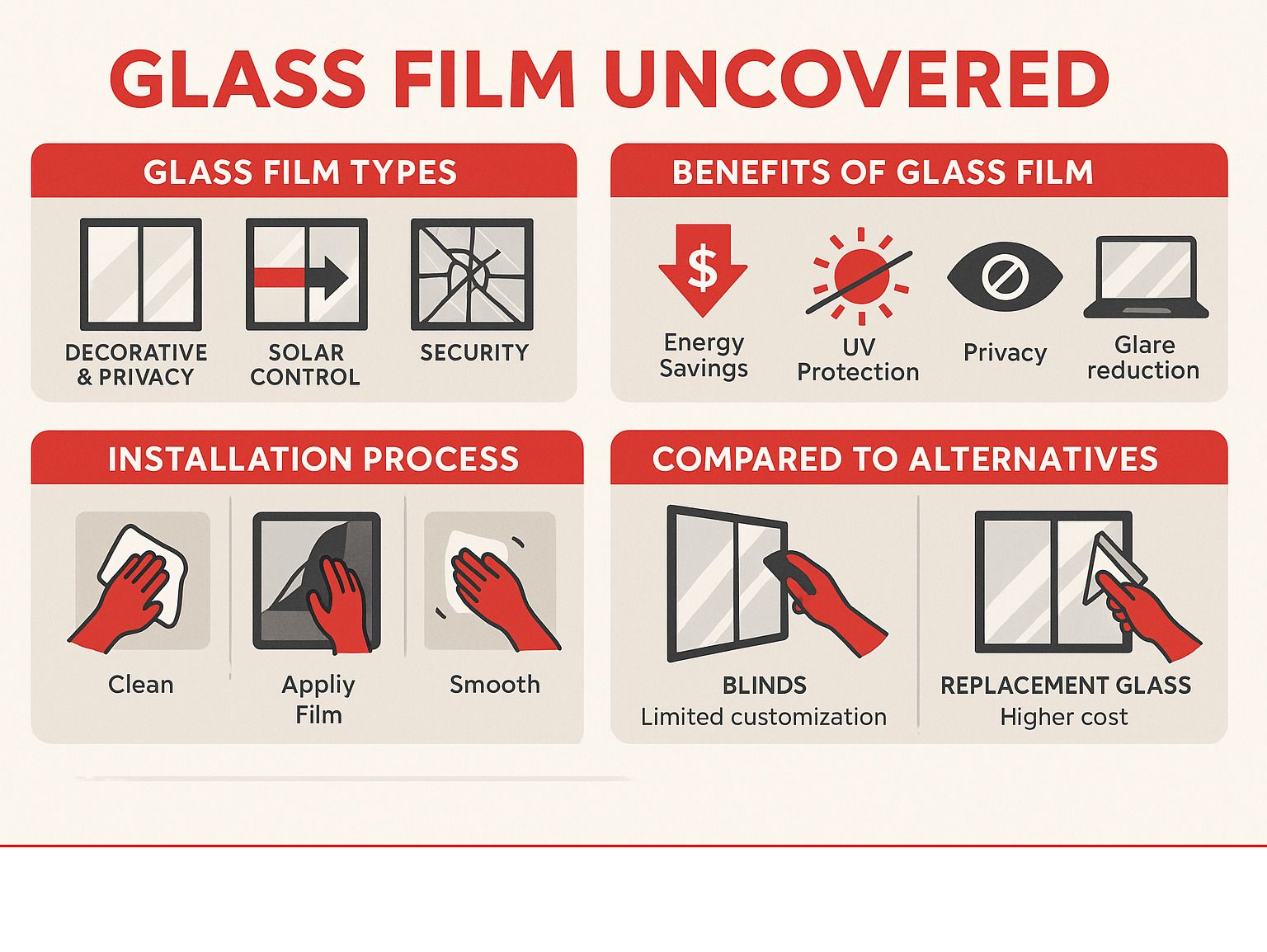 Comprehensive infographic showing glass film types, benefits including energy savings and UV protection, installation process, and comparison with alternatives like blinds and replacement glass - glass film infographic Comprehensive infographic showing glass film types, benefits including energy savings and UV protection, installation process, and comparison with alternatives like blinds and replacement glass - glass film infographic