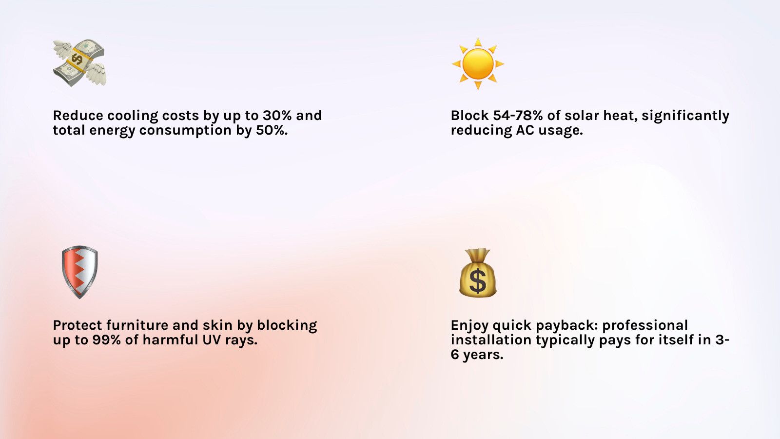 infographic showing solar heat rejection percentages for different window film types in Florida, with corresponding cooling cost savings data and UV protection levels - Window tint energy savings infographic 4_facts_emoji_light-gradient infographic showing solar heat rejection percentages for different window film types in Florida, with corresponding cooling cost savings data and UV protection levels - Window tint energy savings infographic 4_facts_emoji_light-gradient