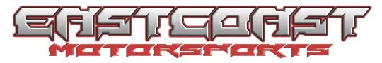 Stylized metallic logo reading “EAST COAST MOTORWORKS” in silver and red on a white background