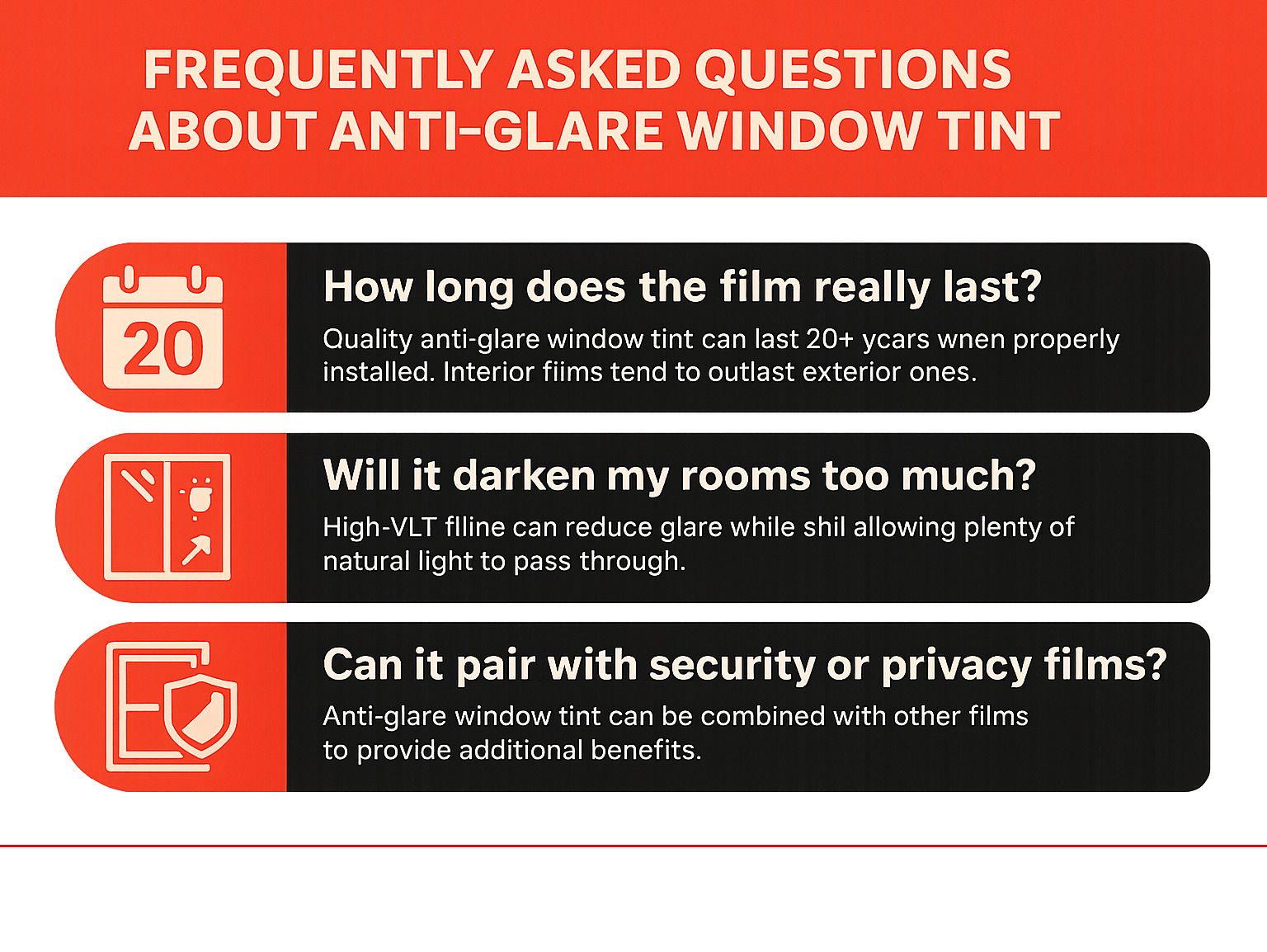 infographic displaying frequently asked questions about anti-glare window tint with detailed answers covering durability, light transmission, and compatibility options - anti glare window tint infographic infographic displaying frequently asked questions about anti-glare window tint with detailed answers covering durability, light transmission, and compatibility options - anti glare window tint infographic
