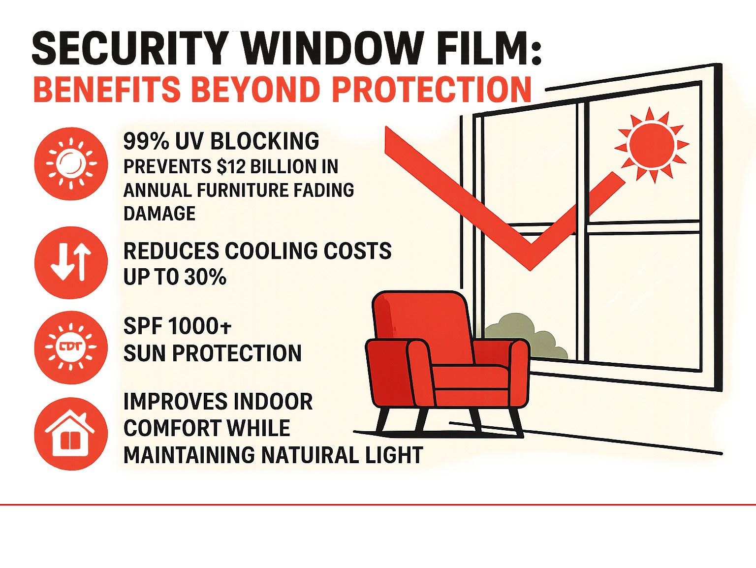 Infographic showing security window film benefits beyond protection: 99% UV blocking prevents $12 billion in annual furniture fading damage, reduces cooling costs up to 30%, provides SPF 1000+ sun protection, and improves indoor comfort while maintaining natural light - security window film infographic Infographic showing security window film benefits beyond protection: 99% UV blocking prevents $12 billion in annual furniture fading damage, reduces cooling costs up to 30%, provides SPF 1000+ sun protection, and improves indoor comfort while maintaining natural light - security window film infographic