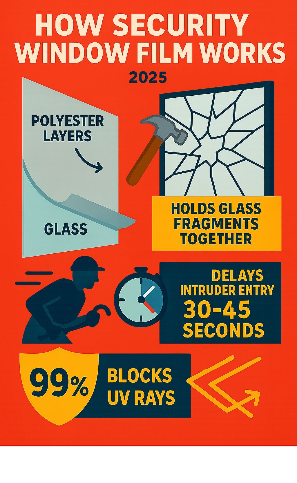 Infographic showing how security window film works: polyester layers bond to glass surface, holding fragments together when broken, delaying intruder entry by 30-45 seconds while blocking 99% UV rays and strengthening glass 2-3 times normal strength - security window film infographic Infographic showing how security window film works: polyester layers bond to glass surface, holding fragments together when broken, delaying intruder entry by 30-45 seconds while blocking 99% UV rays and strengthening glass 2-3 times normal strength - security window film infographic