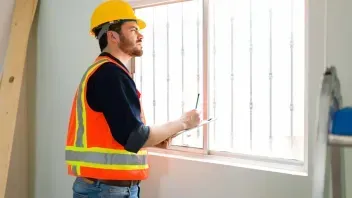 Construction worker in hard hat and safety vest inspecting a bright window in a room under renovation