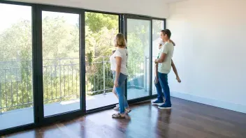 Two people standing in an empty room by large windows overlooking trees