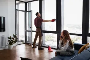 Person cleaning a large window in a bright living room while another sits on a couch nearby