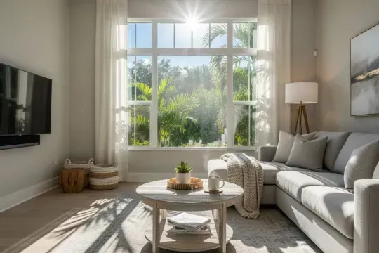 Bright living room with sunlit window, gray sofa, round coffee table, floor lamp, and wall-mounted TV
