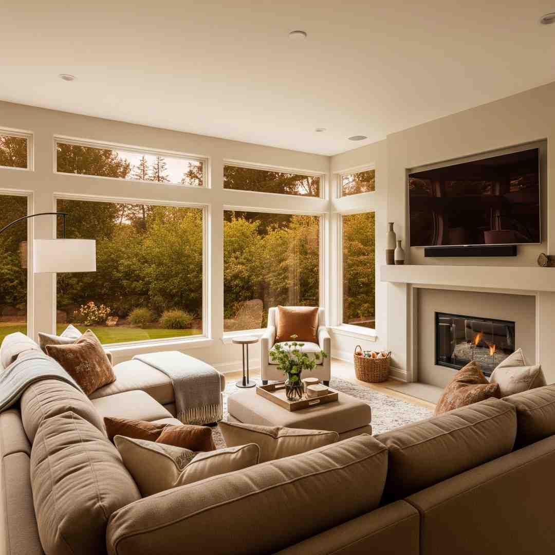 family comfortably watching a movie in a living room with large windows, free from any sun glare on the screen. - non reflective film family comfortably watching a movie in a living room with large windows, free from any sun glare on the screen. - non reflective film