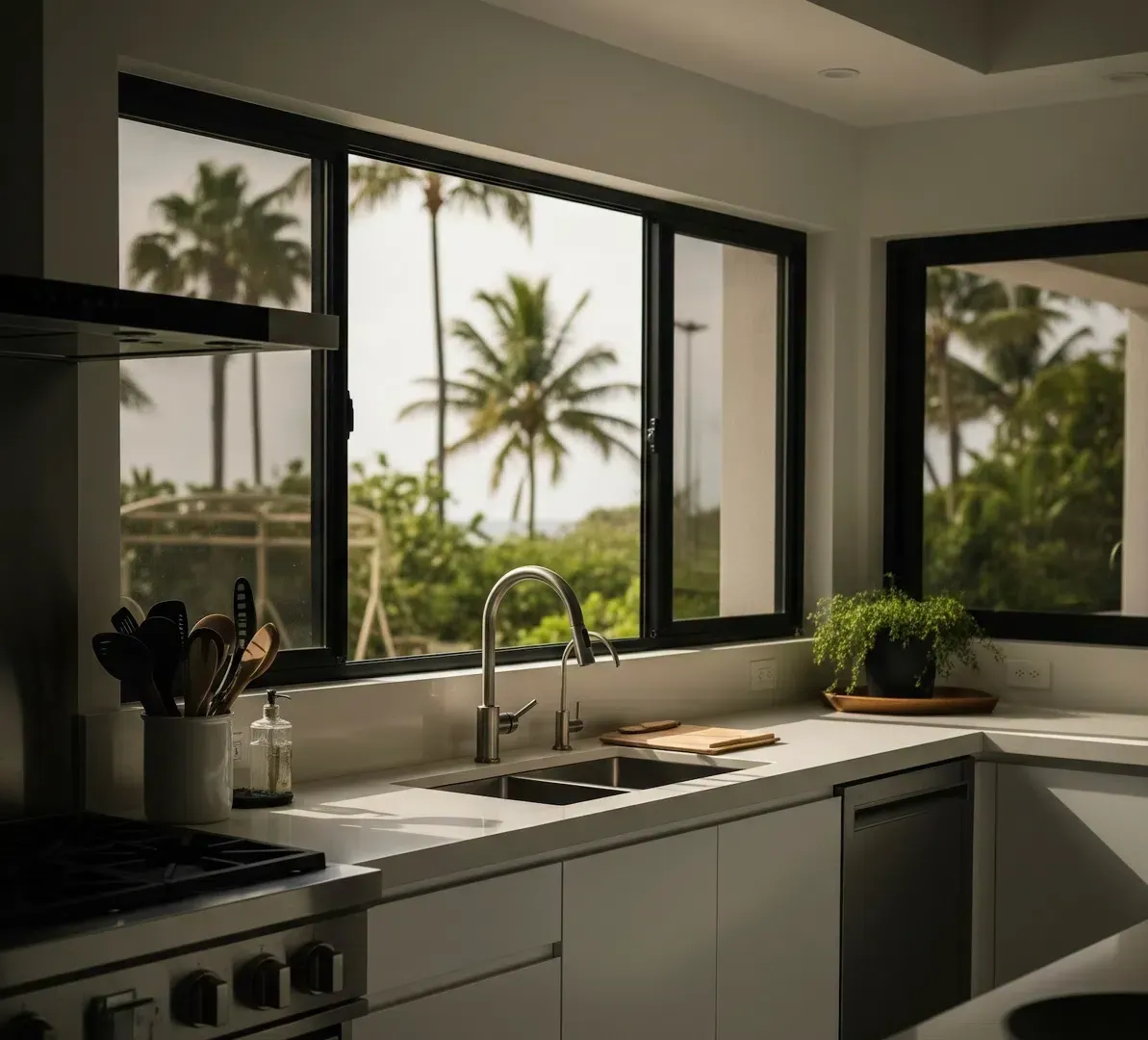 Modern kitchen with a sink by large windows overlooking palm trees and greenery