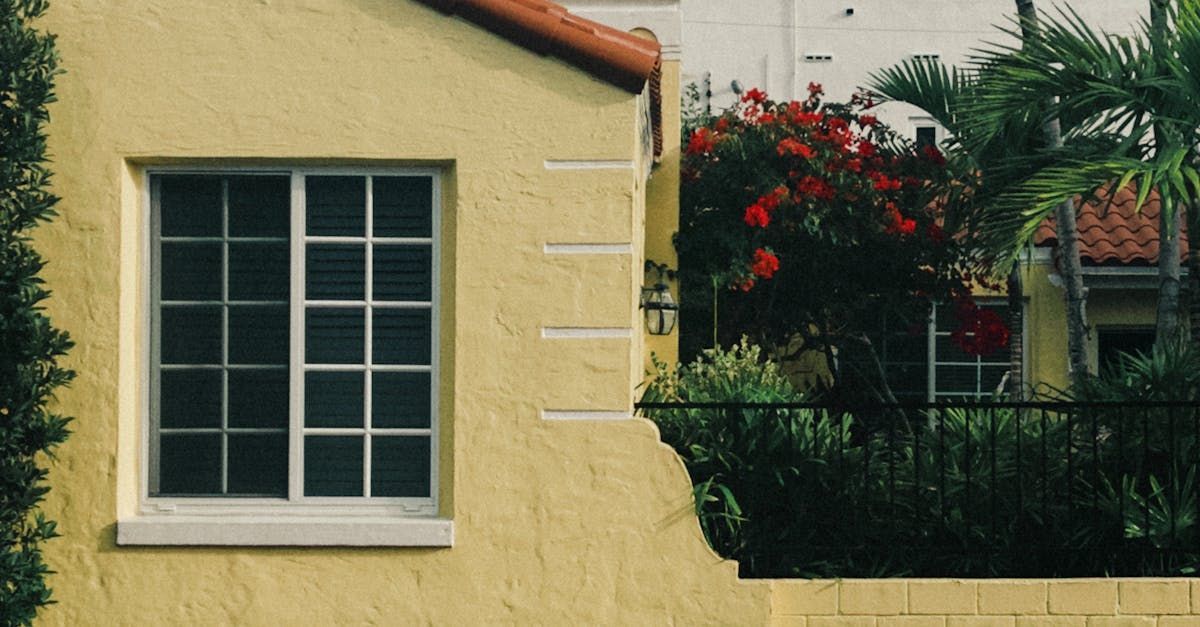 Yellow stucco house with white-framed window and red flowers by a garden wall