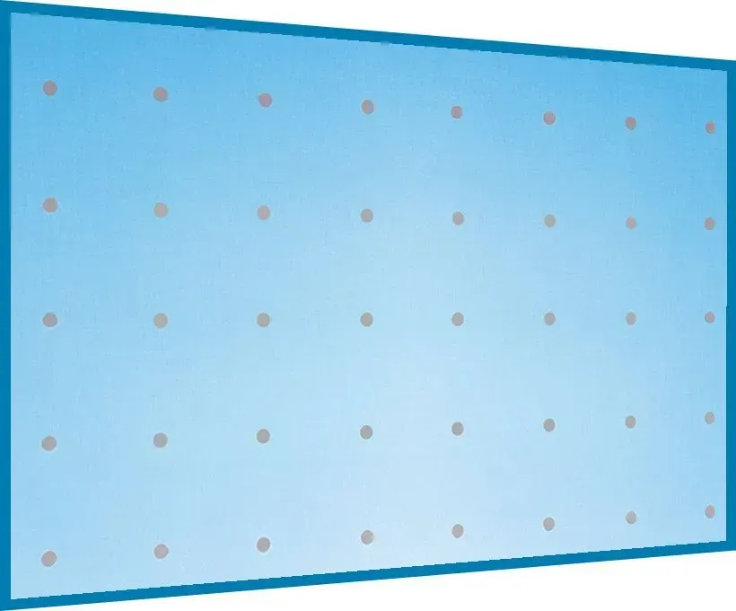 Light blue rectangular board with evenly spaced small tan dots on a white background